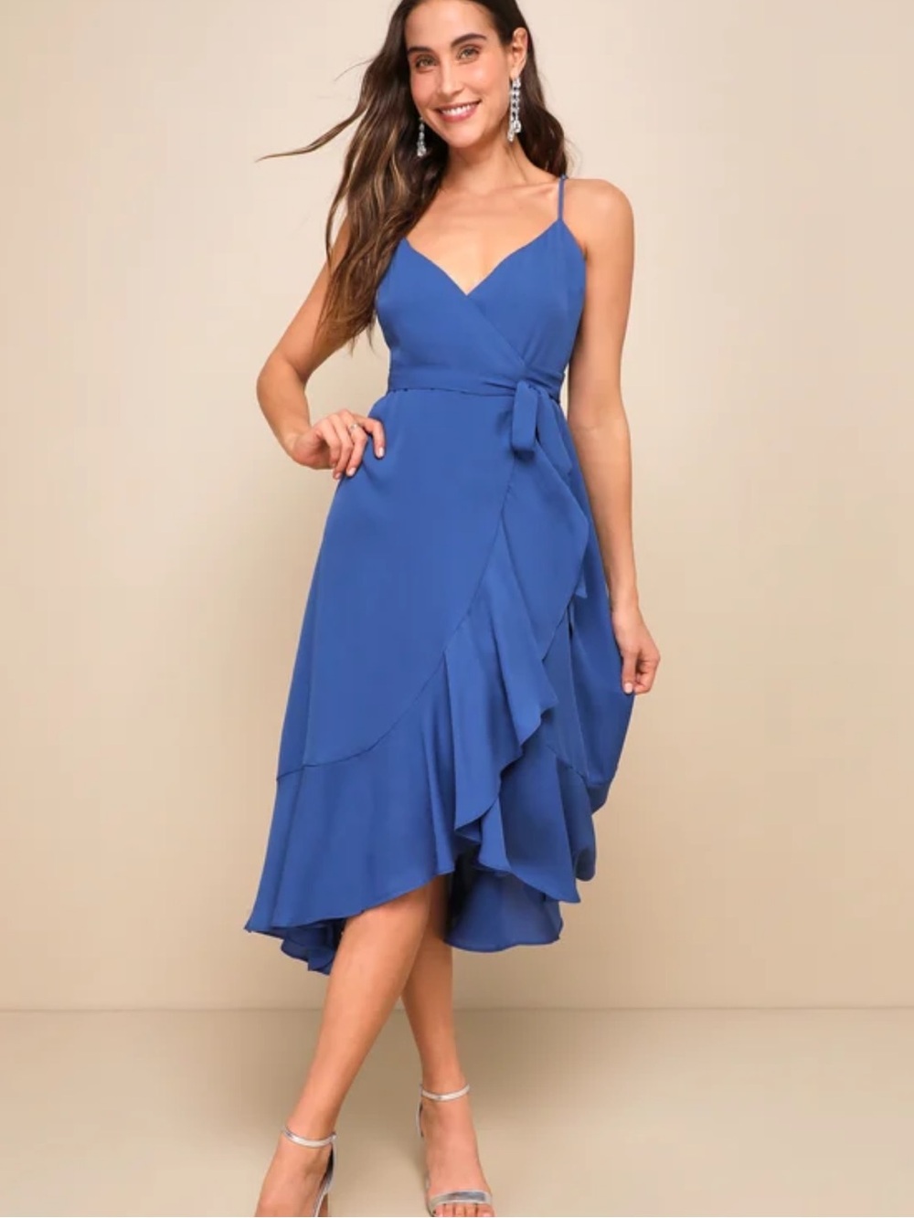 Lulu's Cobalt Wrap High-Low Ruffle Dress